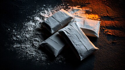 Wrapped soap bars in tissue on dark background with rustic packaging and handmade skincare concept