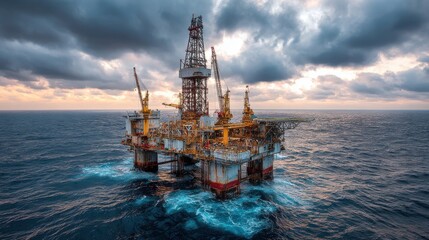 Obraz premium Offshore Oil Drilling Platform Stands Tall in the Ocean Against a Cloudy Sky.
