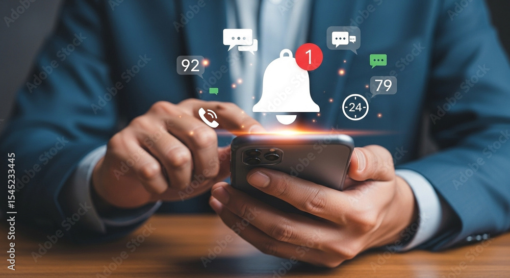 Poster A person using a smartphone with notification icons floating around the device and a blue suit jacket