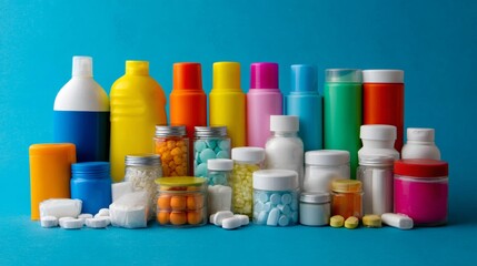 Group of colorful plastic bottles and containers with pills on blue background for health supplement branding