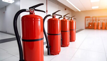 Fire extinguishers line in office corridor.