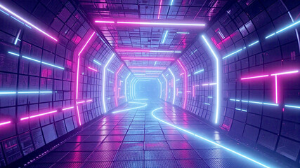 Futuristic neon tunnel pink blue light sci fi corridor