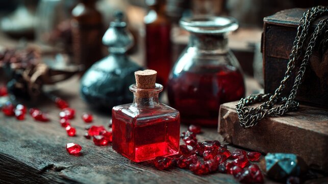 Vintage medicine bottles with herbs and pomegranate for apothecary antique health elixir advertising concept scene