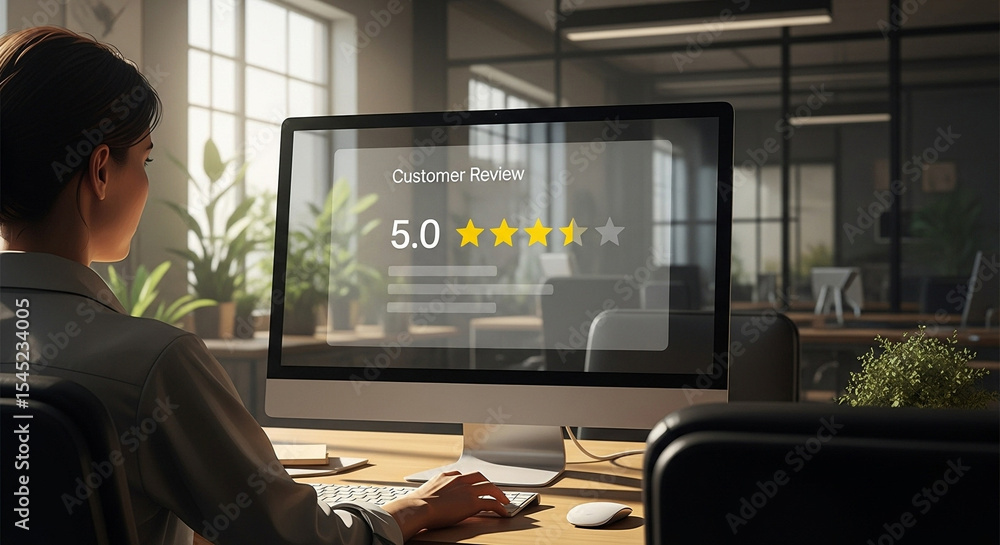 Poster woman at desk viewing customer review with five stars on computer screen in office setting indoors