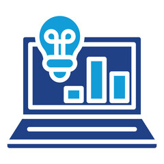 Digital Strategy - Dual Tone Blue Glyph Icon - Lightbulb on laptop with analytics bars shows innovation and tech-driven business acceleration