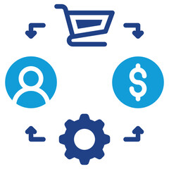 Ecommerce Flow - Dual Tone Blue Glyph Icon - Ecommerce process with icons for user, money, and gear flow of business acceleration