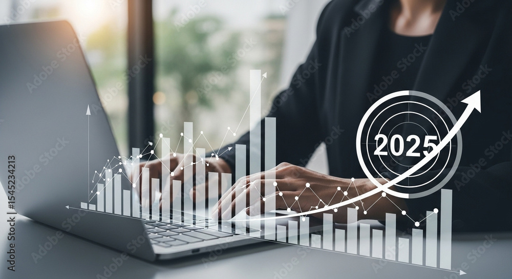 Poster person using laptop with overlaid financial chart and target for the year twenty twenty five