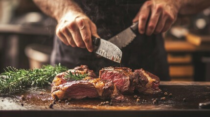 Chef slicing juicy meat on wooden board during cooking process for culinary preparation food styling photography