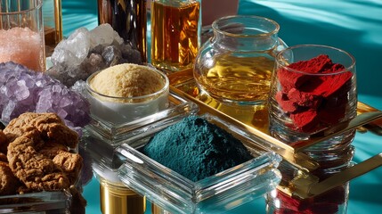 Luxurious wellness flatlay with oils crystals and tea ingredients for spa relaxation aromatherapy lifestyle brand content