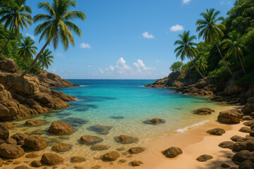 Palm trees casting shadows on clear beach waters.