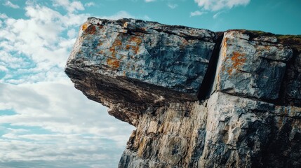 A rocky cliff with a blue sky and clouds in the background, featuring a large rock formation with a jagged edge and a small patch