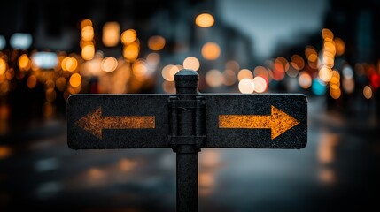 Weathered dual arrow signs pointing in opposite directions on metal frame amidst glowing street bokeh lights indicating choice and direction.