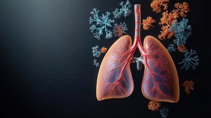 Vibrant 3D illustration showcases the human respiratory system, with detailed lungs and heart highlighted amidst colorful organic shapes symbolizing cellular activity