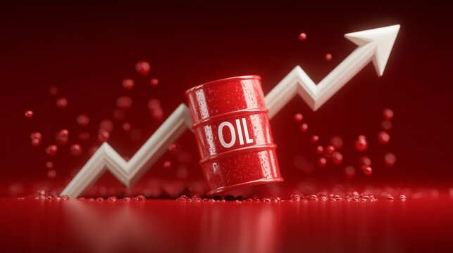 Glossy red oil barrel with white upward arrow on red background representing oil price surge and economic instability crisis