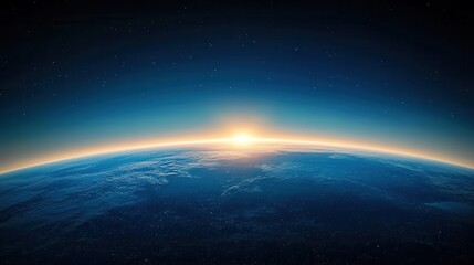 Fototapeta premium A breathtaking view reveals a blue sunrise over Earth, capturing the planet bathed in soft light and vibrant colors as night transitions into day from a space perspective
