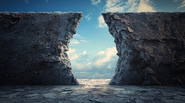 Two large, jagged rocks jutting out into the ocean, with a clear blue sky above and a sandy beach below.
