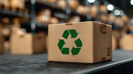 Eco-friendly cardboard box with green recycle symbol in warehouse environment, promoting sustainable logistics and recycling awareness.
