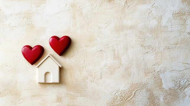 A wooden house with two red hearts on a textured beige background. The house symbolizes love and home. The image conveys a sense of warmth and comfort.