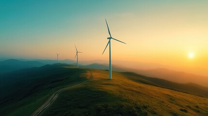 High wind turbines stand tall on a grassy hill, capturing and converting wind into renewable energy as the sun sets behind distant mountains