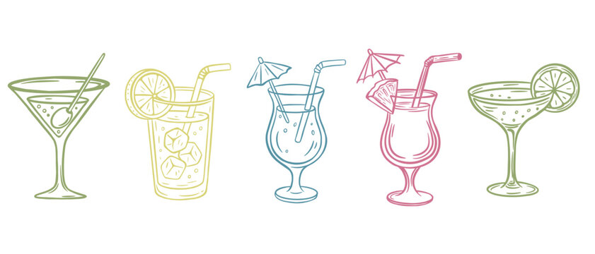 Color Cocktails alcoholic martini, aperol spritz in ink doodle style. Hand drawn drinks collection. Italian style wedding dinner icons. Aperitif Drink Collection. Doodle Style