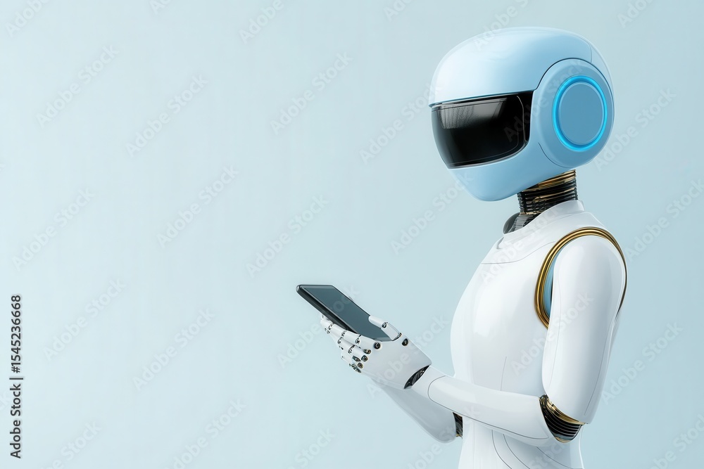 Poster a personal assistant robot stands confidently while interacting with a digital tablet. the environme