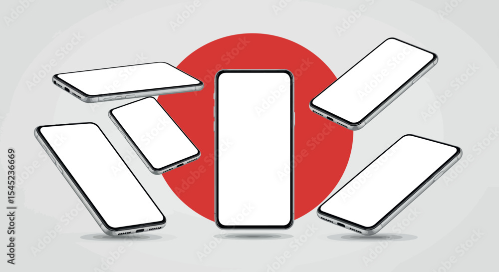 Poster modern smartphone concept with floating devices on red and gray background