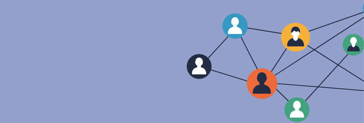 This graphic illustrates a network of connected individuals, represented by colorful circles with human silhouettes and interconnected by lines