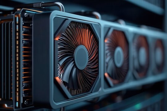 A densely packed crypto mining farm showcases multiple powerful graphic card racks, emphasizing a setup focused on maximizing cryptocurrency mining performance and efficiency