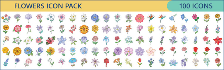 Collection of One Hundred Floral Icons, Vector Illustration of Diverse Flowers