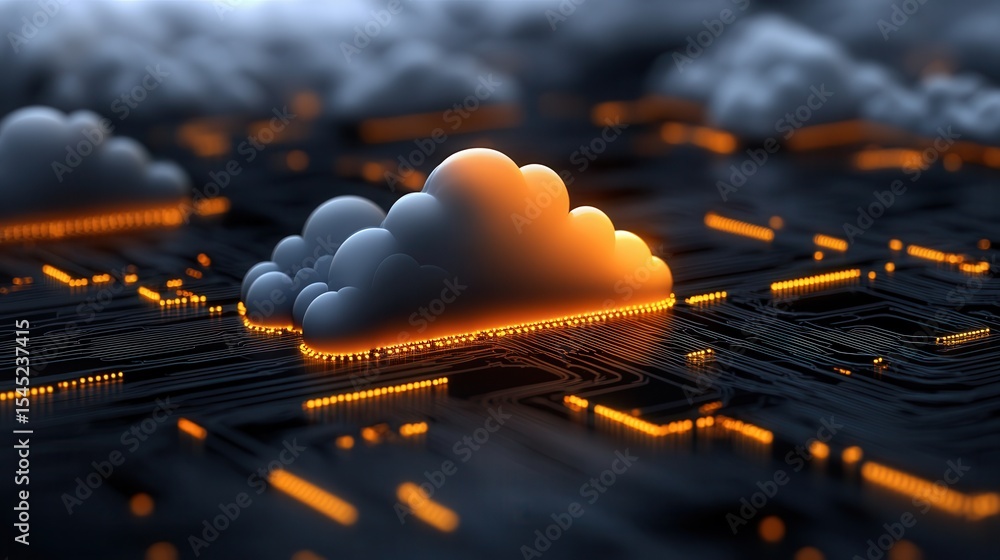 Aufkleber glowing clouds above a dark, circuit-like surface illustrate the fusion of technology and abstract c