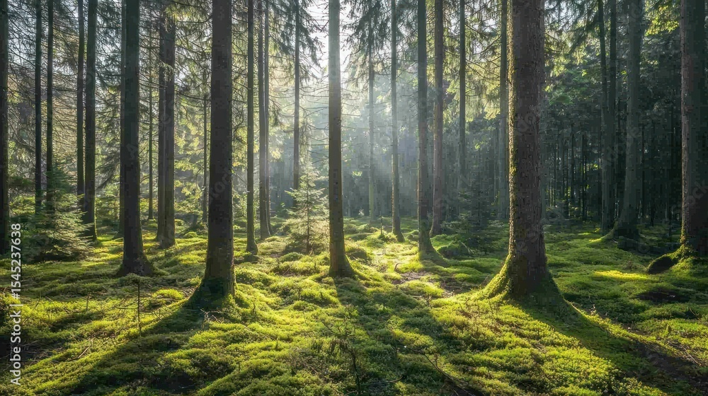 Poster a serene forest scene with moss-covered trees and sunlight filtering through the branches, creating 