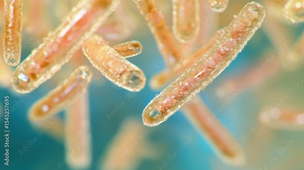 Poster microscopic view of a single bacterial cell, illuminated with a blue light, against a dark backgroun
