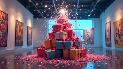 Lopsided Birthday Presents Exploding with Confetti – Hyperrealistic Neon Celebration in Modern Art Gallery