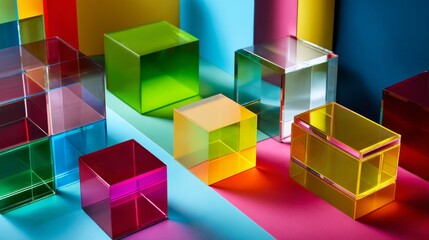 Obraz premium Multicolored transparent acrylic cubes arranged on reflective surface for geometry modern design creative background