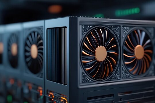 A dedicated crypto mining farm features rows of graphic cards cooling down to optimize performance for cryptocurrency mining activities in a modern facility - Powered by Adobe