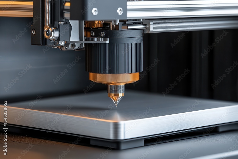 Poster a state-of-the-art 3d printer equipped with an injector nozzle hovers above a metal plate, ready to 