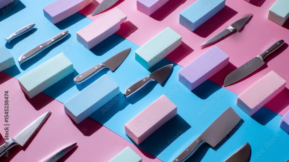 Aufkleber pastel blocks stacked on vibrant background with shadows for geometric abstract pattern design conce