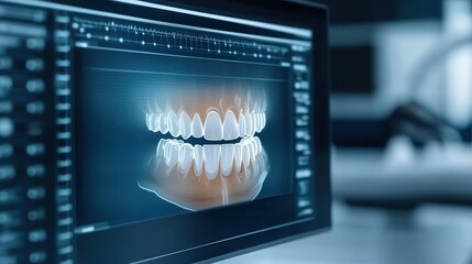 Advanced medical technology is utilized to analyze dental tomography, focusing on tooth structure and alignment displayed on a digital screen in a clinic