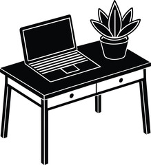 Remote work vector silhouette illustration Minimalist Desk with Laptop Notebook and Succulent