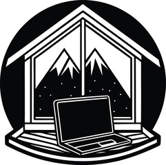 Remote work vector silhouette illustration Mountain Retreat Desk with Cabin Window View