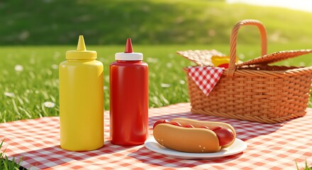 Picnic Hot Dog Mustard Ketchup Red Gingham Blanket