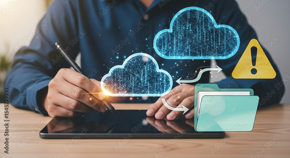 Poster Man using tablet with digital pen showing cloud data transfer and security warning on wooden table