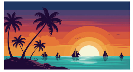Obraz premium Tropical sunset with silhouetted palm trees and sailboats on the ocean horizon