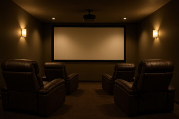 reclining chairs facing a projector in a home theater.
