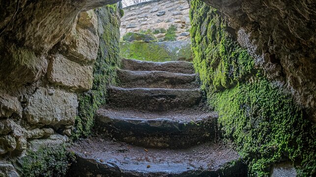 A stone staircase with moss and seaweed, leading to a cave entrance, with a blue sky and greenery in the background.