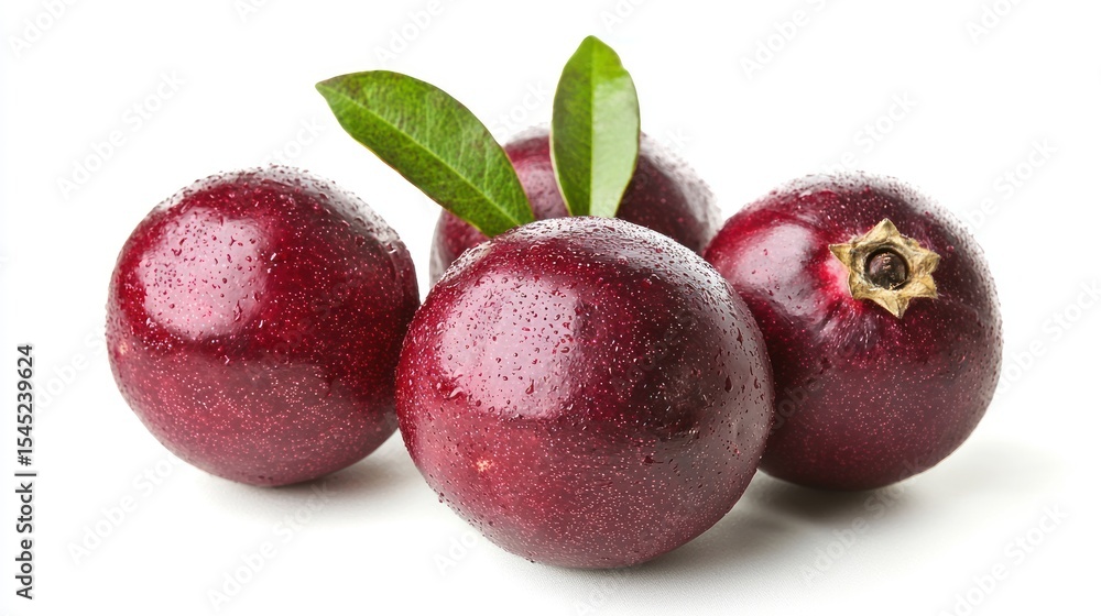 Poster four cranberries with green leaves, placed on a white background with a soft shadow, emphasizing the