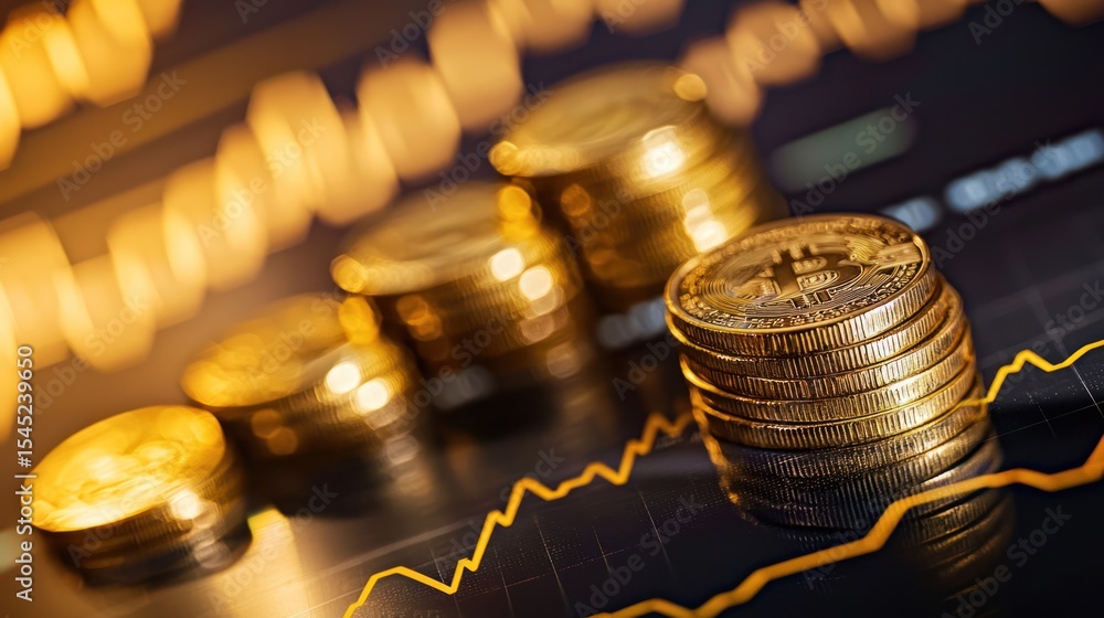Poster a stack of coins with a financial graph in the background.