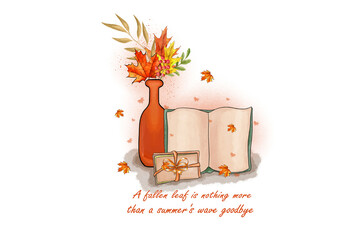 Autumn leaves in vase autumn leaves and books Sublimation design  