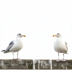 Obraz premium Seagulls perched on a weathered wooden rail