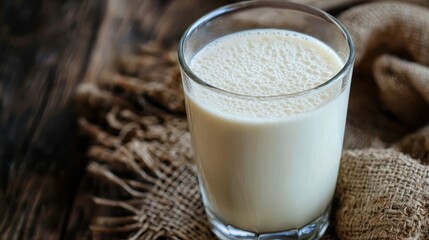 A glass of milk with a frothy top, placed on a rustic wooden table with a burlap cloth and a rustic wooden background.